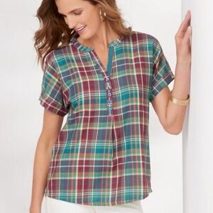 Soft Surroundings Guaze Cotton Plaid Malay Shirt‎ Size S Multicolor Henley